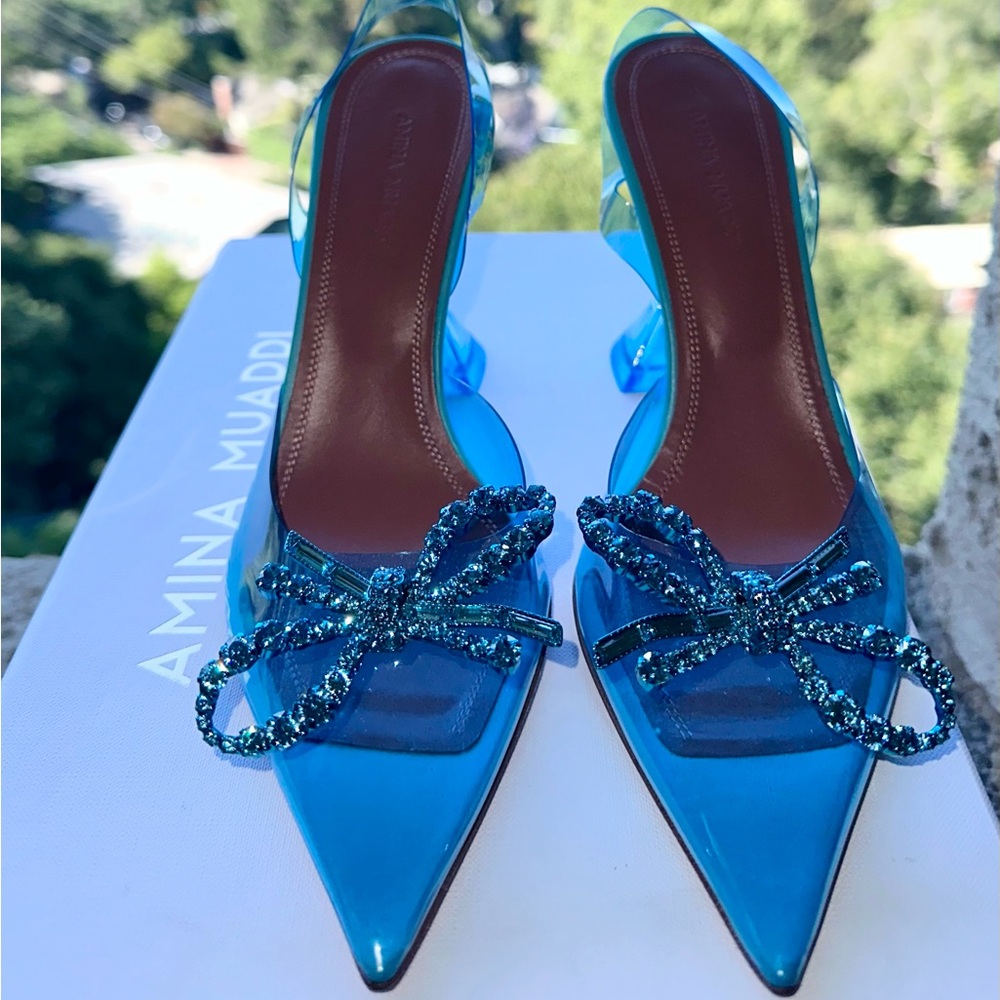 Amina Muaddi Blue Heels with Crystal Embellishments